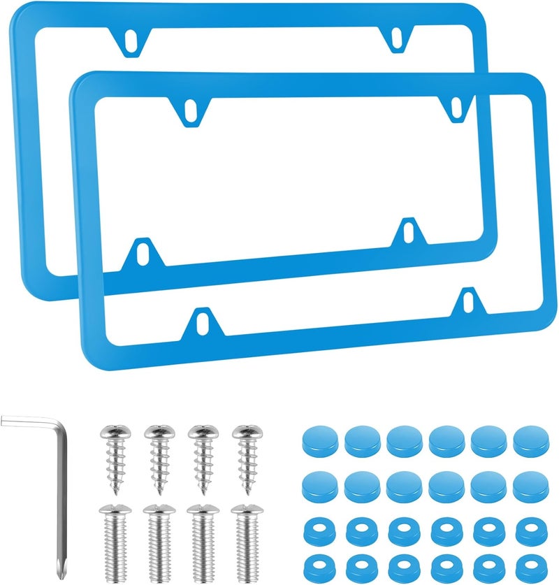 alpmosn 2PCS Stainless Steel License Plate Frames, 4 Holes Car Licence Plate Covers with Screws Washers and Caps, Car Exterior Accessories, License Plate Holder for US Vehicles (Blue) - Image 1